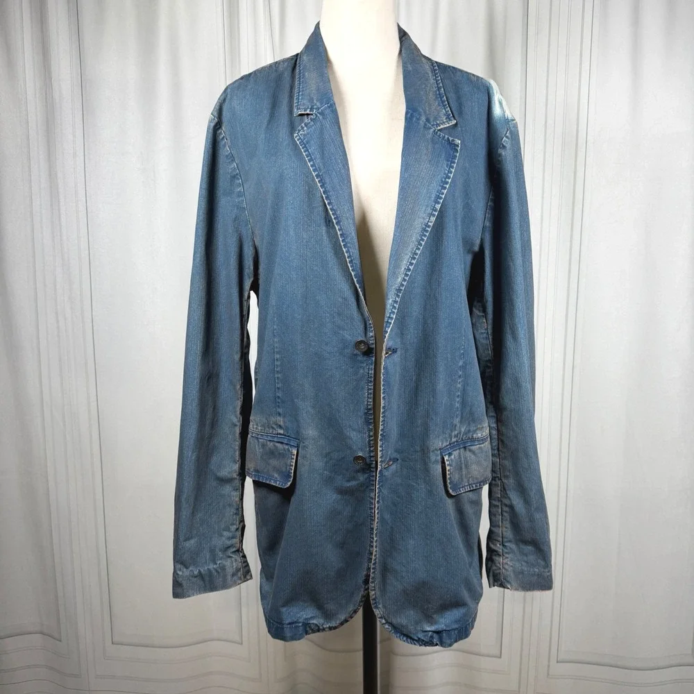 Vintage GAP Denim Blazer Jacket L Dirty Wash Y2K 2000s 100% Cotton Flap Pockets